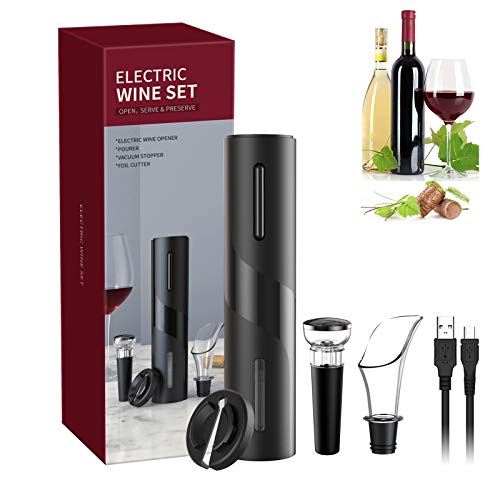 Sacacorchos Electrico Profesional, Juego de Abrebotellas Eléctrico 5 en 1, Abridor de Vino Electrico con Cortacápsulas, Vertedor, Tapón de Vino de Vacío y Cable de USB