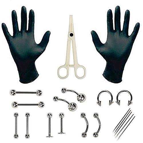 Salmue Cuerpo Piercing, 20 Pcs Body Piercing Kit, Body Piercing Kit Surtido de Joyería Kit de 20 Piercings para la Lengua, Pezón, Tragus, Oreja, Ceja, Labio y Nariz