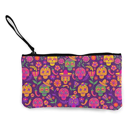 SDFGJ Dia De Los Muertos Mujeres y niñas Monedero de Lona de Moda Lindo Monedero con Cremallera Monedero pequeño Carteras para Llavero Bolsas de Viaje de Dinero