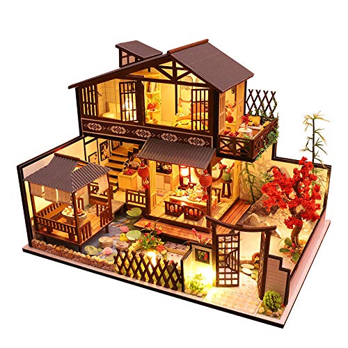 September-Eur ope -DIY - Kit de bricolaje para patio de estilo japonés 1:24 en miniatura de madera creativa casa de muñecas montado para regalo de cumpleaños con luces LED