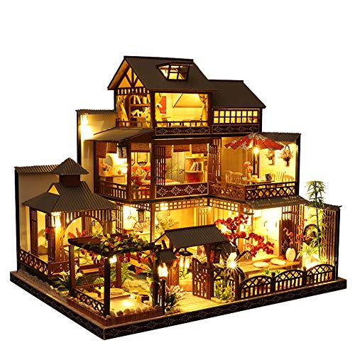 Septiembre - Casa de muñecas retro estilo japonés en miniatura con muebles, kit de casa de muñecas de madera con luz LED, escala 1:24 para regalo de cumpleaños