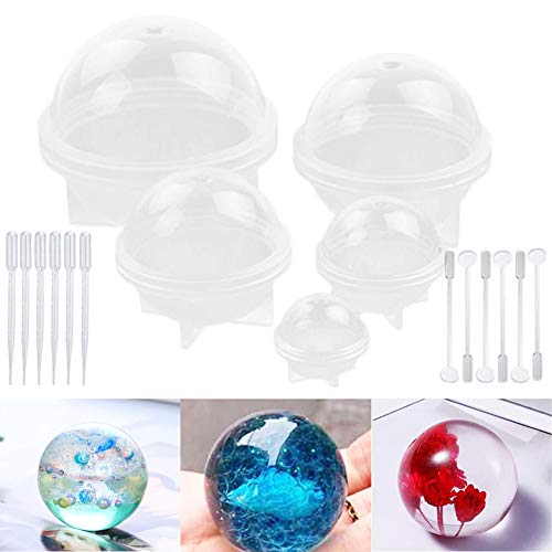 SIMUER 5 Piezas Moldea DIY Esfera Redonda De Silicona para Resina Epoxi Joyería Hacer Vela Cera Casera Jabón DIY Plástico Bomba de Baño Molde Con 6 Pajitas 6 Varillas Agitadoras - 5 Diferentes Tamaños