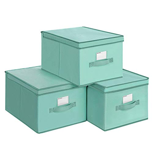 SONGMICS Juego de 3 Cajas Plegables de Alcon Tapas, Cubos de Tela con Portaetiquetas, 40 x 30 x 25 cm, Verde RFB03GN