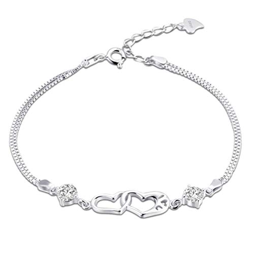 S&RL Pulsera Decorativa para Mujer, Señal de Felicidad Femenina, Doble Corazón, Pulsera de Plata Esterlina S925 para Mujer, Joyería, JoyeríaComo se muestra, Plata 925