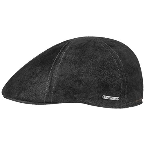 Stetson Texas Gorra de Cuero Hombre - Gorra Plana Estilo Gatsby - Gorra con Forro - Gorra de Cuero Verano/Invierno Negro M (56-57 cm)