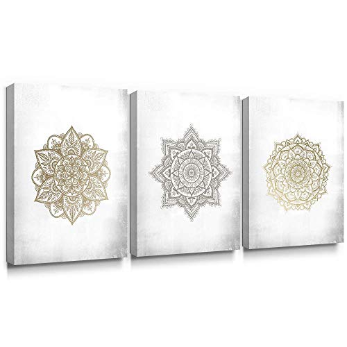 SUMGAR Mandala Art Mandala Gris Dorado Decoración de la Pared Decoraciones Indias Impresiones en Lienzo Flores asiáticas Imágenes Obra Floral para el Dormitorio Sala de Estar Baño 30x40cmx3 Piezas