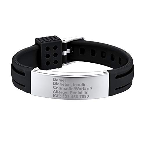 Supcare Pulsera ID con Placa de Identidad Acero Inoxidable y Tira Ajustable de Silicona Negro para Casos de Emergencia Personalización Gratis