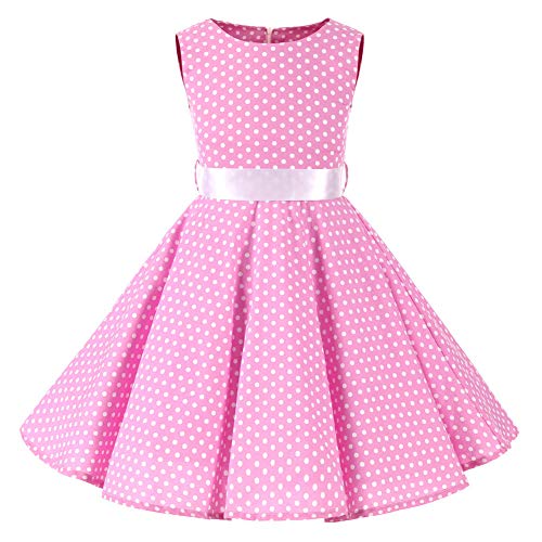 SXSHUN 2019 Niñas Vestido Pin-up Vestido Vintage 50's 60's Rockabilly Swing Dress Vestido de Noche por la Rodilla sin Mangas, Rosa/Lunar Blanco, 140cm (9-10 años)