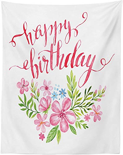 Tapiz de cumpleaños, tamaño doble, lema de feliz cumpleaños con letras a mano con flores y hojas, colcha para colgar en la pared, funda de cama, decoración de pared, 68 x 88 pulgadas, verde manzana