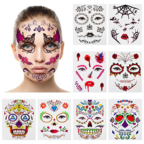 Tatuajes temporales de cara de Halloween, CNNIK 9 piezas araña web rosas rojas máscara facial completa tatuaje para mujeres hombres adultos niños, fiesta de halloween suministros