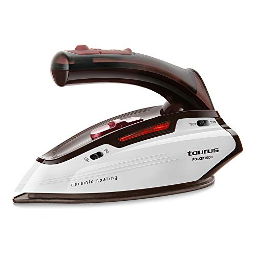 Taurus Pocket Iron Plancha de viaje, 1150 W, diseño mini, ligera, bivoltaje, 45 g/min, cepillo anti olores, bolsa de transporte, Cerámica, Blanco