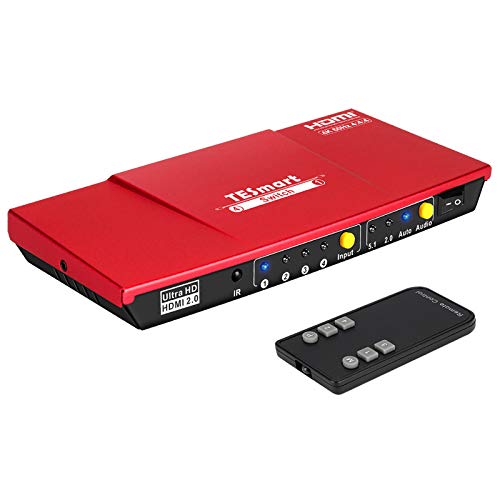 TESmart 4x1 HDMI Switch 4K Conmutador HDMI 4 Entradas 1 Salida de Caja HDMI Switcher con IR Remote Auto 2.0/5.1 Salida de Audio, Soporte 4K @60Hz Full HD1080P 3D para Xbox One, PS4/PS3, TV (Rojo)