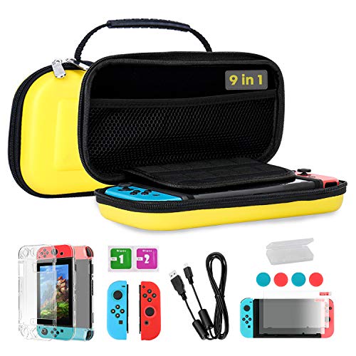 TKOOFN Fundas & Accesorios 9 en 1 Kit para Switch, EVA Estuche + 2 Fundas para Joy-con + 2 Protectores de Pantalla + Estuche Protector + 4 Tapones de Pulgar + Cable USB + Caja de Tarjetas