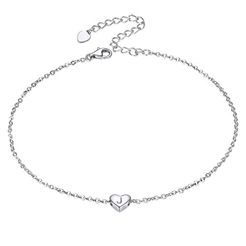 Tobillera Inicial J Plata Mujer Corazón, Pulseras Tobilleras de Mujeres - 22cm Largo con Extensor