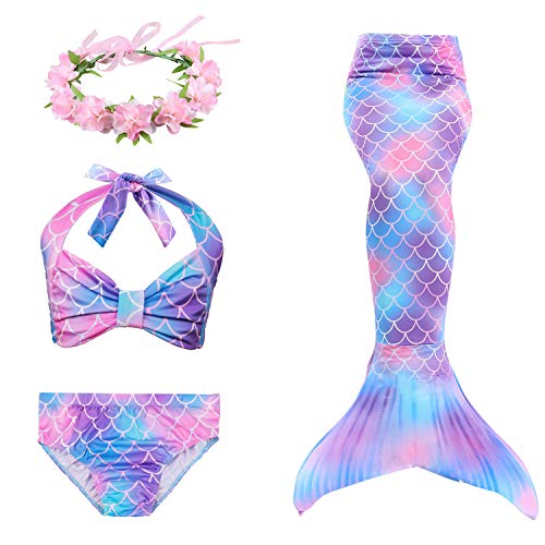 Traje de baño de 3 piezas, bikini, tankini, con cola de sirena y diadema de flores para niñas DH48.