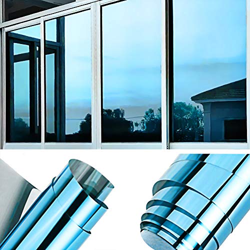 TTMOW Vinilo Pet Película Adhesiva Lámina de Espejo para Ventanas Cristal Unidireccional Protector de Privacidad Anti 99% UV y Anti 85% IR para Hogar y Oficina (Azul y Plata,40 * 200cm)