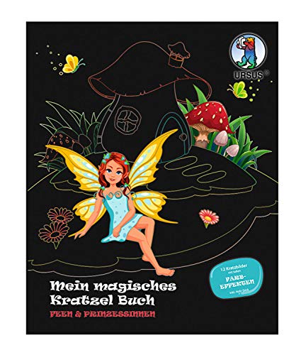 URSUS Mi mágico libro hadas y princesas, imágenes para rascar, aprox. 21 x 26 cm, con fantásticos efectos de color y 12 mandalas para colorear, incluye palo de madera, carbón