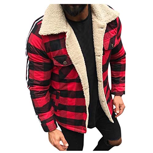 waotier Chaqueta Moda Masculina Cazadora Compuesto a Cuadros Forro de Pelusa Cárdigan Casual Botón Blusa Felpa Tops Abrigo