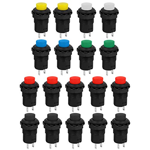 WayinTop 18pcs Interruptor Pulsador 12mm Bloqueo Botón ON-OFF SPST Mini Interruptor de Bocina Redonda 3A 125V AC/1.5A 250V AC Kit para Arduino DIY (Negro/Rojo/Verde/Amarillo/Azul/Blanco)