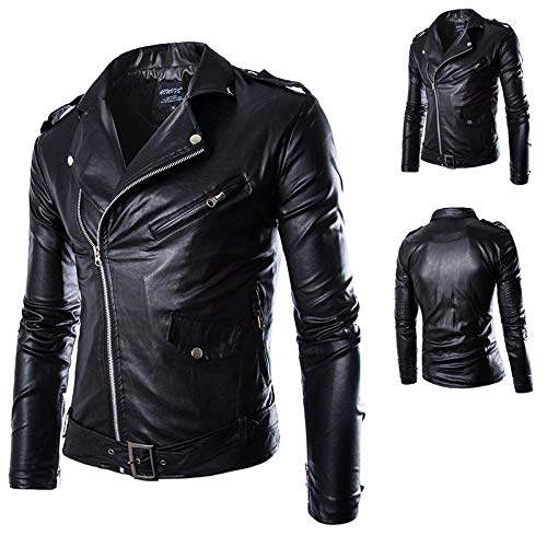 WEDGFG Nueva Locomotora Chaqueta de Cuero de los Hombres Delgados de Cuero Chaqueta de Cuero de los Hombres de Moda - Negro_M