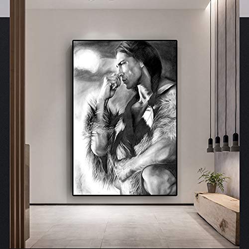 wZUN Cuadro en Lienzo con Figura de Indio Nativo Americano en Blanco y Negro, Carteles e Impresiones, Cuadro de Arte de Pared escandinavo para la Sala de Estar, 50x70cm