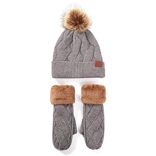 Xuebai 2 uds. De Invierno para Mujer, Forro Polar de imitación, cálido, Tejido, pompón, Gorro, Guantes, Conjunto, Gorro de Punto Gris