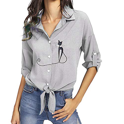 Yesmile Mujer CamisetasLas Mujeres Camisa Camisa de Dobladillo Anudada del Gato del Gato Bordado de Las Mujeres Blusas de botón de la Blusa de Manga Larga