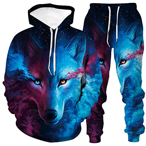 YONG Hombre Completo Conjunto Casual con Estampado Lobo Azul 3D para Hombre Manga Larga Sudadera con Capucha Y Pantalones Chándal 2 Piezas Traje,Azul,L