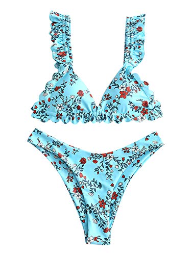 ZAFUL Flower Ruffle High Cut Bikini Set Swimwear Multi-d S