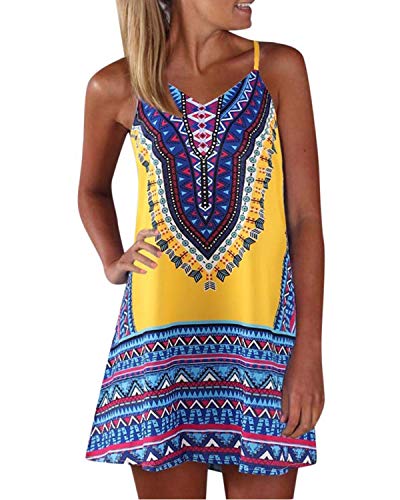 ZANZEA Mujer Chaleco Sin Mangas Vestido Playa Cuello en V Strappy Impreso Tops Túnica Camiseta Verano Vestidos Cortos 03-Amarillo M