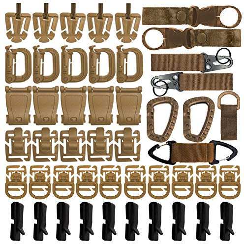 48PCS Tactical Gear Clip Set Accesorios De Correas Molle Para Mochila Táctica Bolsa Chaleco Cinturón Soporte Llavero De Nailon, Anillo En D Gancho Para Colgar Con Bloqueo Botella De Agua Clip (marrón)