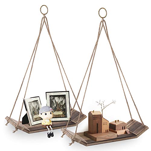 AGSIVO Baldas Flotantes, Estantería Colgante Forma de Barco, Estante de Pared Decorativa de Techo con Fijación de Cuerda De Madera Estilo Nórdico Dark Wood