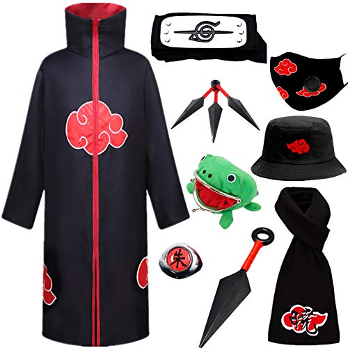 AOGD Anime Naruto Akatsuki Cosplay Disfraz de baile de Disfraces de Cumpleaños de Fiesta de Carnaval de Navidad de Halloween Naruto Capa Pain Headband Kunai Anillo Niño Adulto Unisexo Hokage Ninja Set