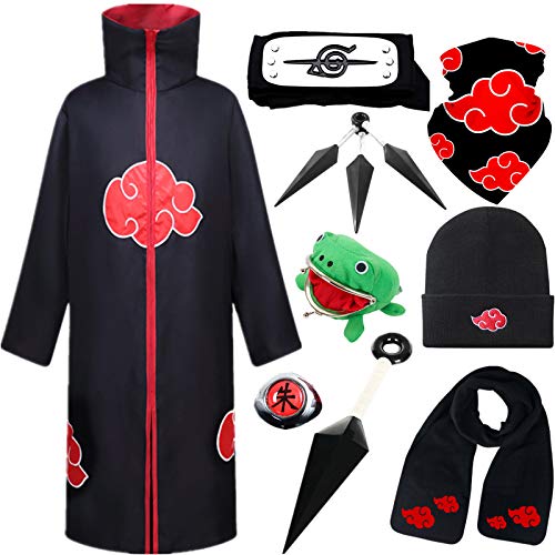 AOGD Anime Naruto Akatsuki Cosplay Disfraz de baile de Disfraces de Cumpleaños de Fiesta de Carnaval de Navidad de Halloween Naruto Capa Pain Headband Kunai Anillo Niño Adulto Unisexo Hokage Ninja Set