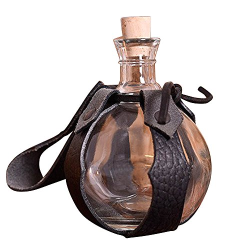 Battle-Merchant Bola – Botella de cristal con soporte para cinturón de piel, 0,2 litros, botella de campo para LARP medieval vikingo