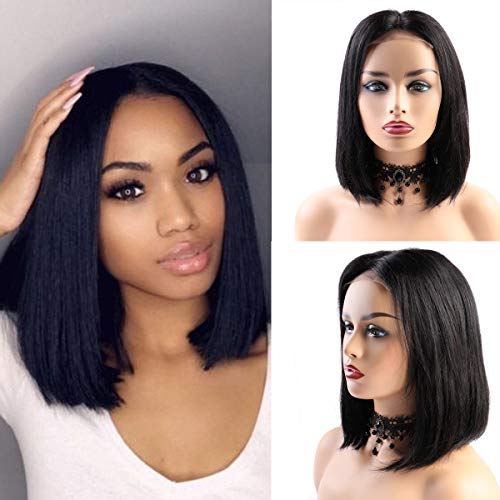 BLISSHAIR Peluca de cabello corta bob humano ondulado color negro natural recto peluca para mujeres negras pelo natural con pelo de bebé Densidad del 130% pelo virgen brasileño sin procesar 12 pulgada