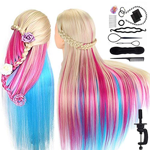 Cabeza Peluqueria, TopDirect 29.5"/75cm Cabello Colorido Cabeza Maniquí Peluqueria Practicas Formación Muñeca de la Cosmetología con Soporte + Accesorios de Peinado Kit Set