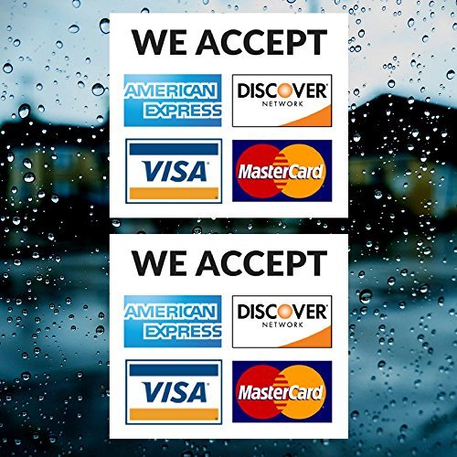 Calcomanía de vinilo con tarjeta de crédito, 2 unidades, aceptamos – Visa, MasterCard, Amex y Discover – 8,9 x 8,9 cm vinilo adhesivo para ventana – tienda, café, oficina, restaurante