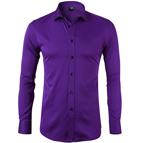 Camisa Bambú Fibra Hombre, Manga Larga, Slim Fit, Camisa Elástica Casual/Formal para Hombre, Morado, 41 (Cuello 41CM, Pecho 108CM)