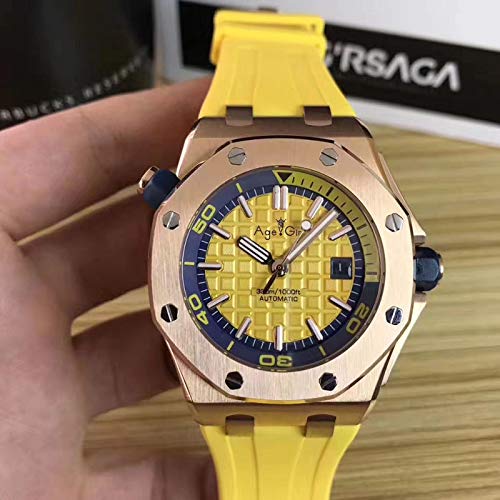 CHQSMZ Relojes mecanicos Famosos Nuevos Hombres De Acero Inoxidable Automático Mecánico Buceador Reloj De Zafiro Negro Azul Caucho Rosa Oro Royal Oaks Vidrio De Fondo Amarillo