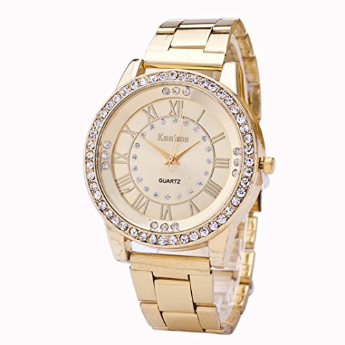 FAMILIZO Mujeres Hombres Elegante Moda De Cristal Rhinestone De Acero Inoxidable Reloj De Cuarzo Analógico De Cuarzo (Oro)