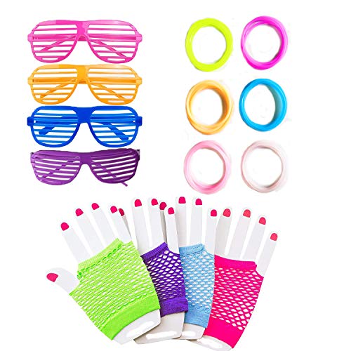 Fiesta Años Ochenta 80s Accesorios de Disfraz,Pulseras Fluor Neón Gomoso Muñequera Goma Silicona Gomitas Brazaletes,Guantes Red Malla Sin Dedos,Gafas Obturador Sombra,Niña Mujer Hen Noche Fiesta Traje