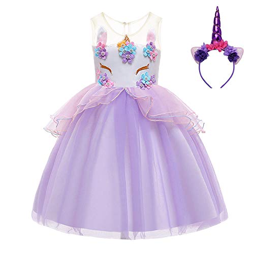 FONLAM Vestido de Fiesta Princesa Niña Bebé Disfraz de Unicornio Ceremonia Cumpleaños Vestido Infantil Flores Carnaval Niña Cosplay (Morado, 9-10 Años)