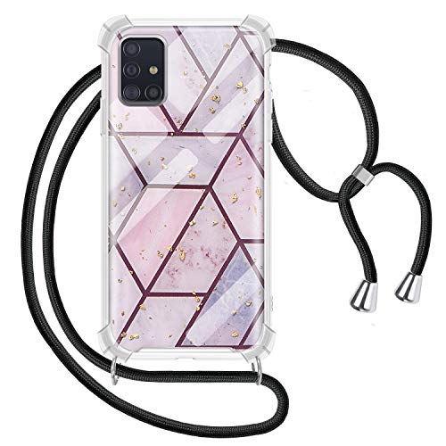 Genrics Funda con Cuerda para Samsung Galaxy A51, Carcasa Mármol Brillante Ultrafina Rígida PC con Correa Colgante Ajustable Collar Correa de Cuello Cadena Cordón, Negro