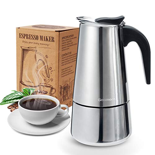 Godmorn Cafetière Italienne, Cafetière Moka en INOX Cafetière à Pression Macchinette 200ml Grande Contenance Compatible avec Plaque à Induction avec Poignée Ergonomique