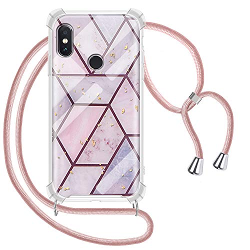 Greneric Funda con Cuerda para Xiaomi Redmi Note 6 Pro, Carcasa Mármol Ultrafina Rígida PC con Correa Colgante Ajustable Collar Correa de Cuello Cadena Cordón, Oro Rosa