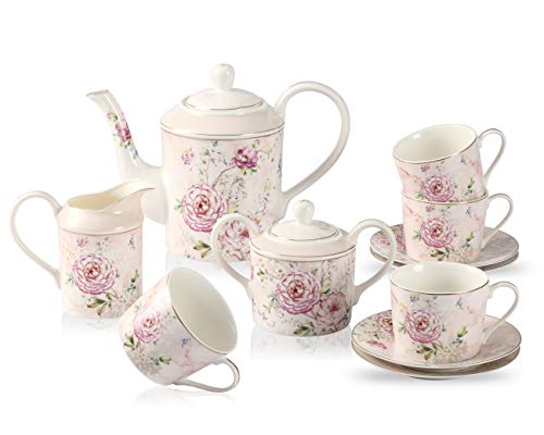 GuangYang Juego de té de porcelana fina con flor de peonía-1 tetera 1 azucarero (450 ml) 1 crema (350 ml) 4 tazas (220 ml) y 4 platillos