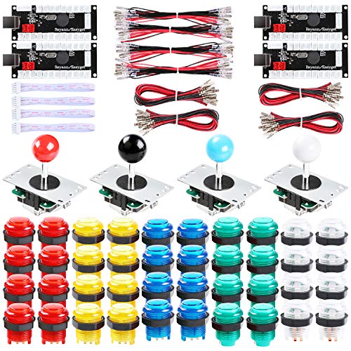 Hikig Kit de bricolaje para 4 jugadores, 40 botones LED Arcade y 4 joysticks y 4 codificador USB con monedas y pegatinas de reproductor para PC, MAME, PS3, Raspberry Pi