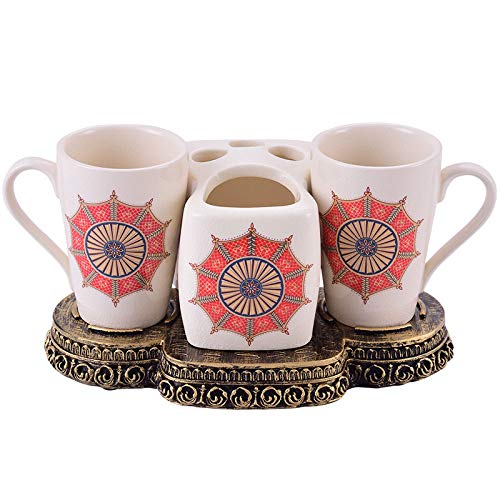 Juego De Accesorios De Baño Cerámica,Decoración De Baño Sets Accesorios Contienen 4 Pedazo Applique Sombrilla Roja Beige 2Pcs Lavado Taza,La Vanidad,Bandeja Porta Cepillo De Dientes Para Home Ho