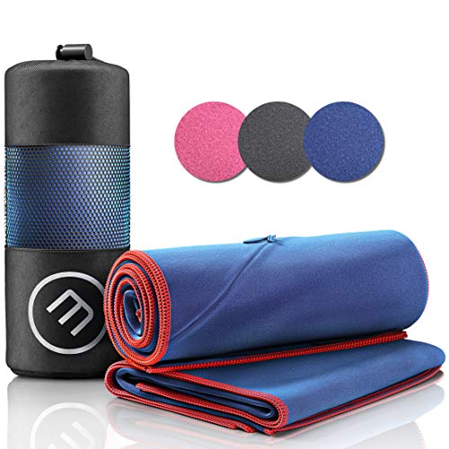 Juego de Toallas de Microfibra + Funda de Transporte | Set de 2 Azules: Grande para baño, pequeño para Cuerpo y Cara | Ultra-Ligeras, absorbentes, de Secado rápido - Deporte Viaje Playa Gimnasio